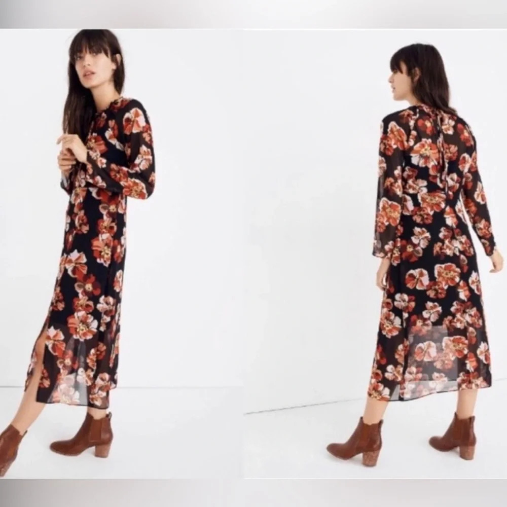 Madewell Floral Shirred Midi Dress Black & Red Tie Back Lined NWT Small Women’s